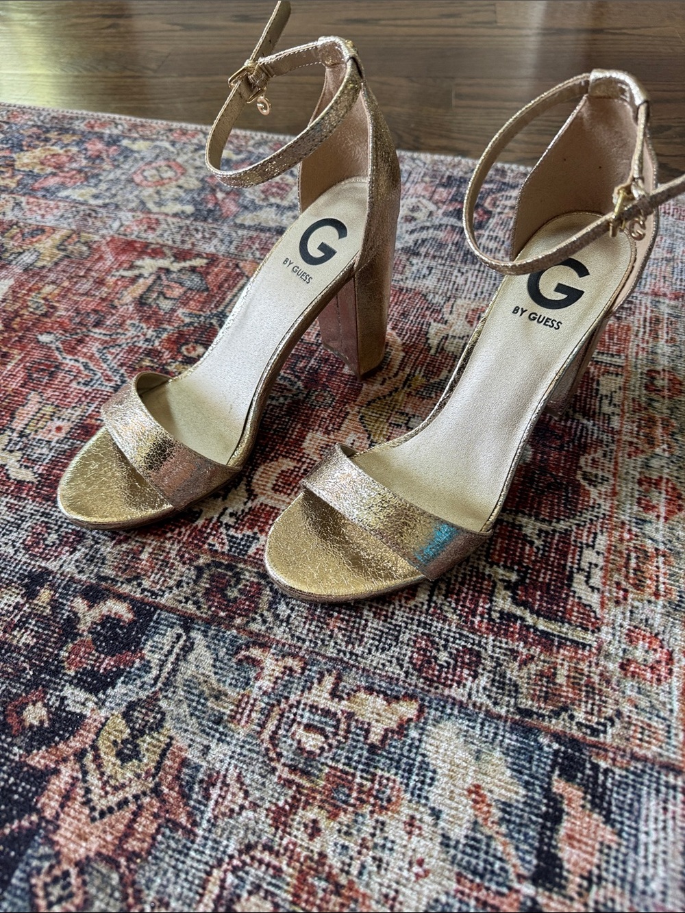 GUESS Gold Metallic Ankle-Strap Block Heel Sandals